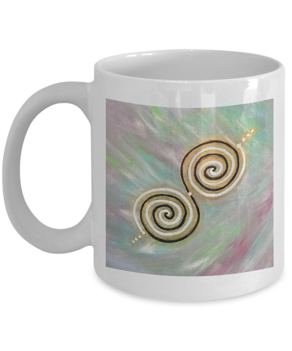 Energy activated twinflame spiral mug, 11oz, 15oz, alchemical art, gift for lover