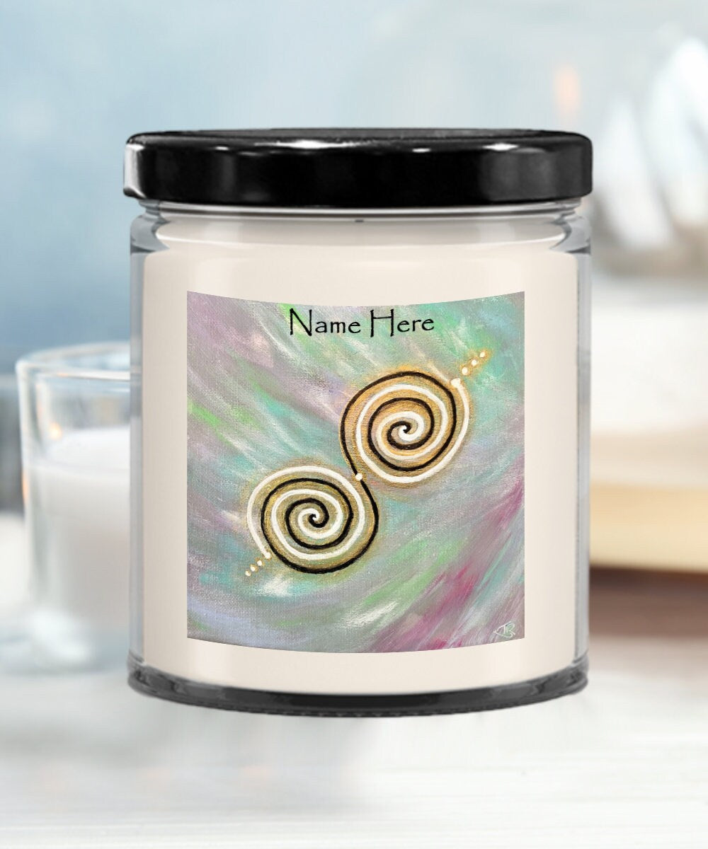 Personalised candle, twinflame spiral geometry, activated alchemical art design, twinflame unity intention, vanilla