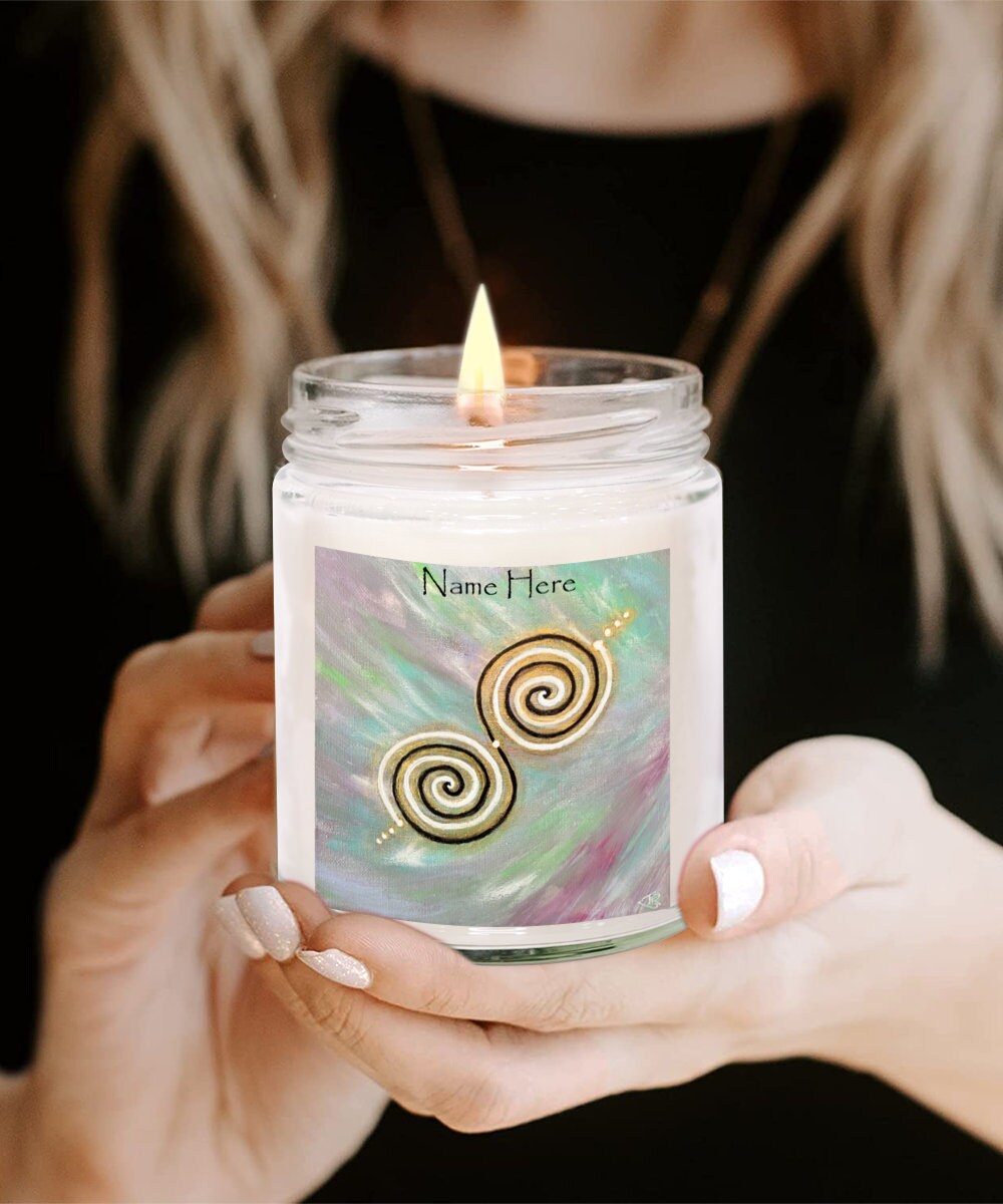 Personalised candle, twinflame spiral geometry, activated alchemical art design, twinflame unity intention, vanilla