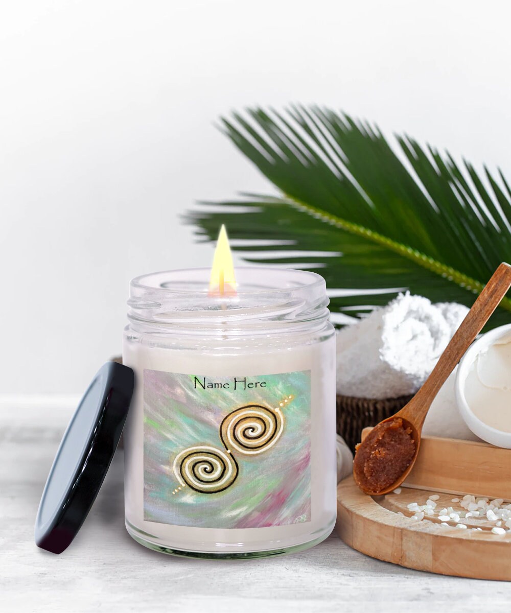 Personalised candle, twinflame spiral geometry, activated alchemical art design, twinflame unity intention, vanilla