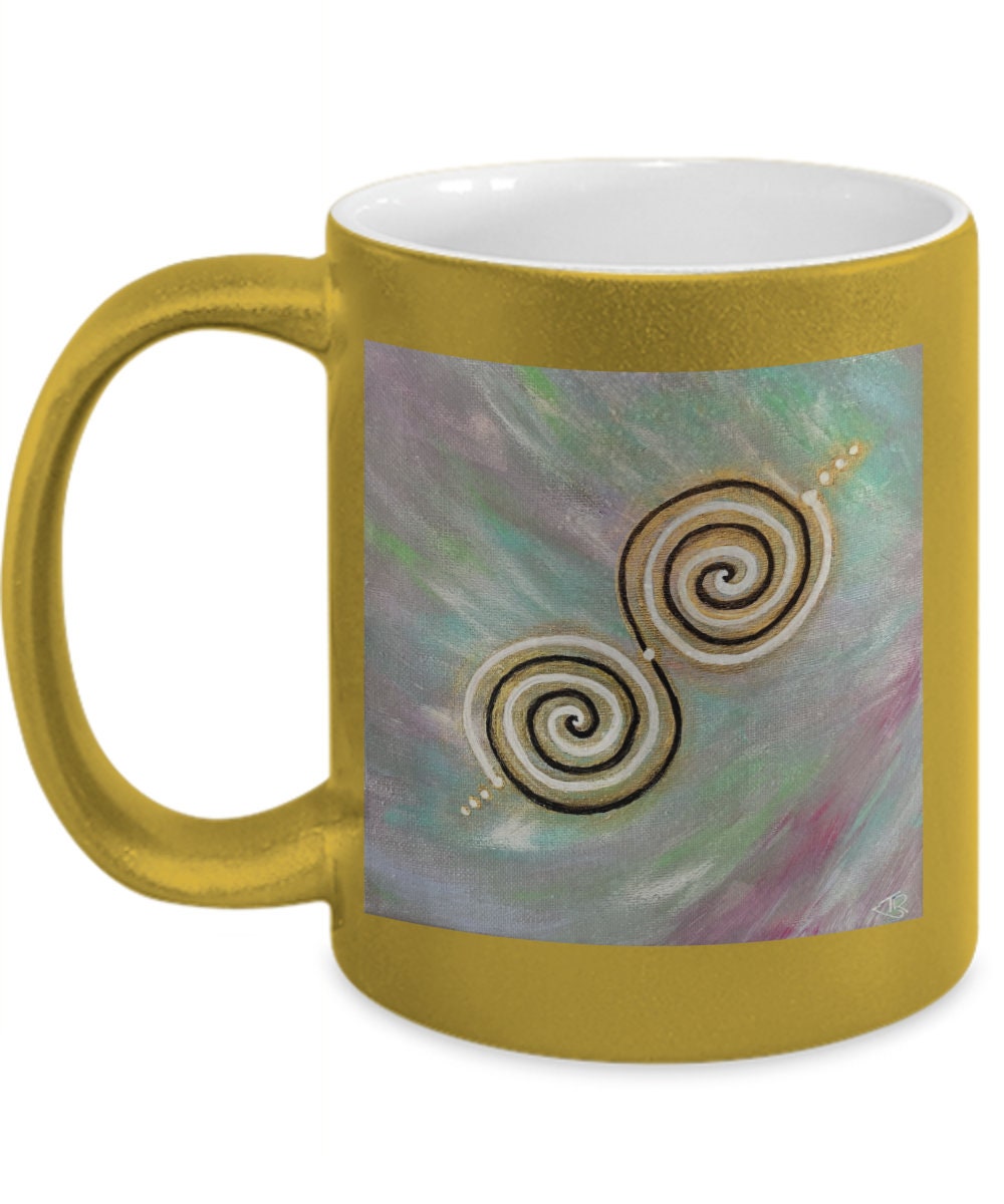 Twinflame double spiral geometry intention mug, design activated with light codes, metallic silver or gold coating , 11oz,