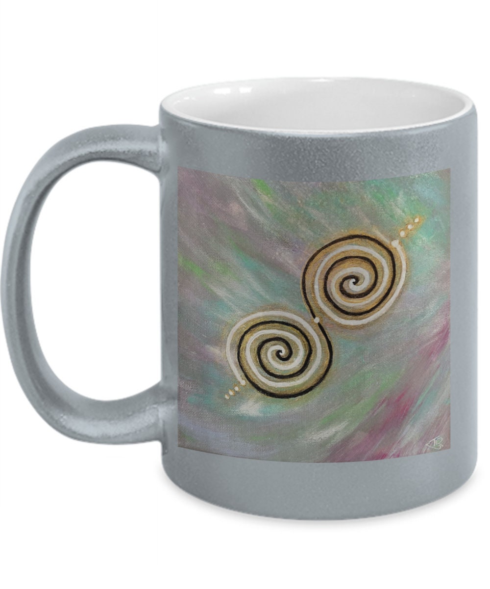 Twinflame double spiral geometry intention mug, design activated with light codes, metallic silver or gold coating , 11oz,