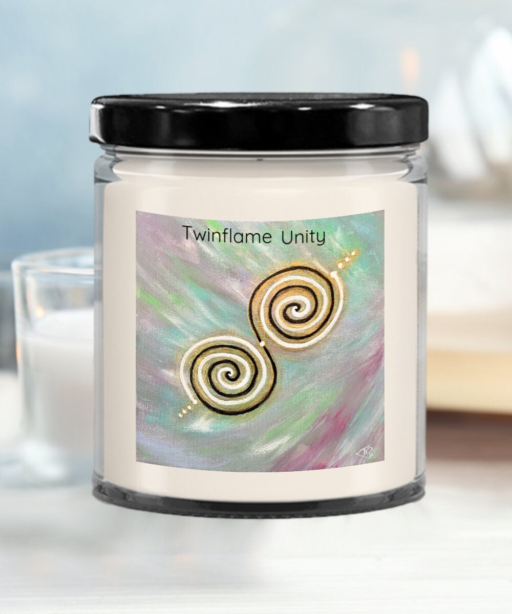 Twinflame unity intention candle, vanilla scented, double spiral geometry, light activated design