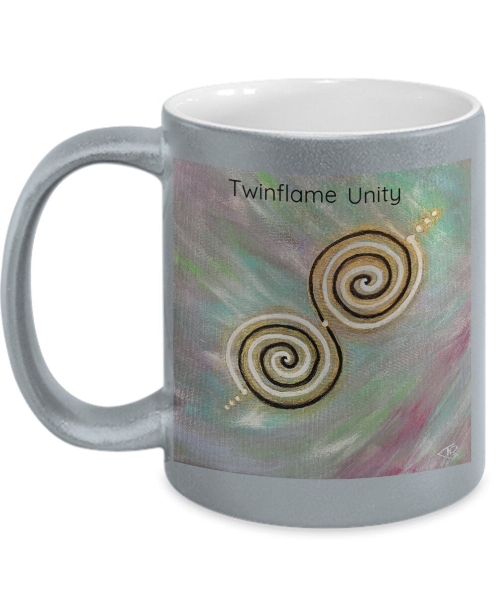 Twinflame unity intention mug, 11oz, metallic silver or gold coating, activated design, light codes