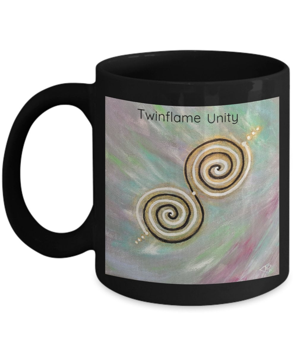 Twinflame unity mug, 11oz or 15oz, double spiral twinflame geometry, activated with light language, intention mug