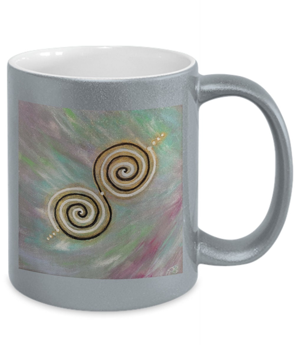 Twinflame double spiral geometry intention mug, design activated with light codes, metallic silver or gold coating , 11oz,