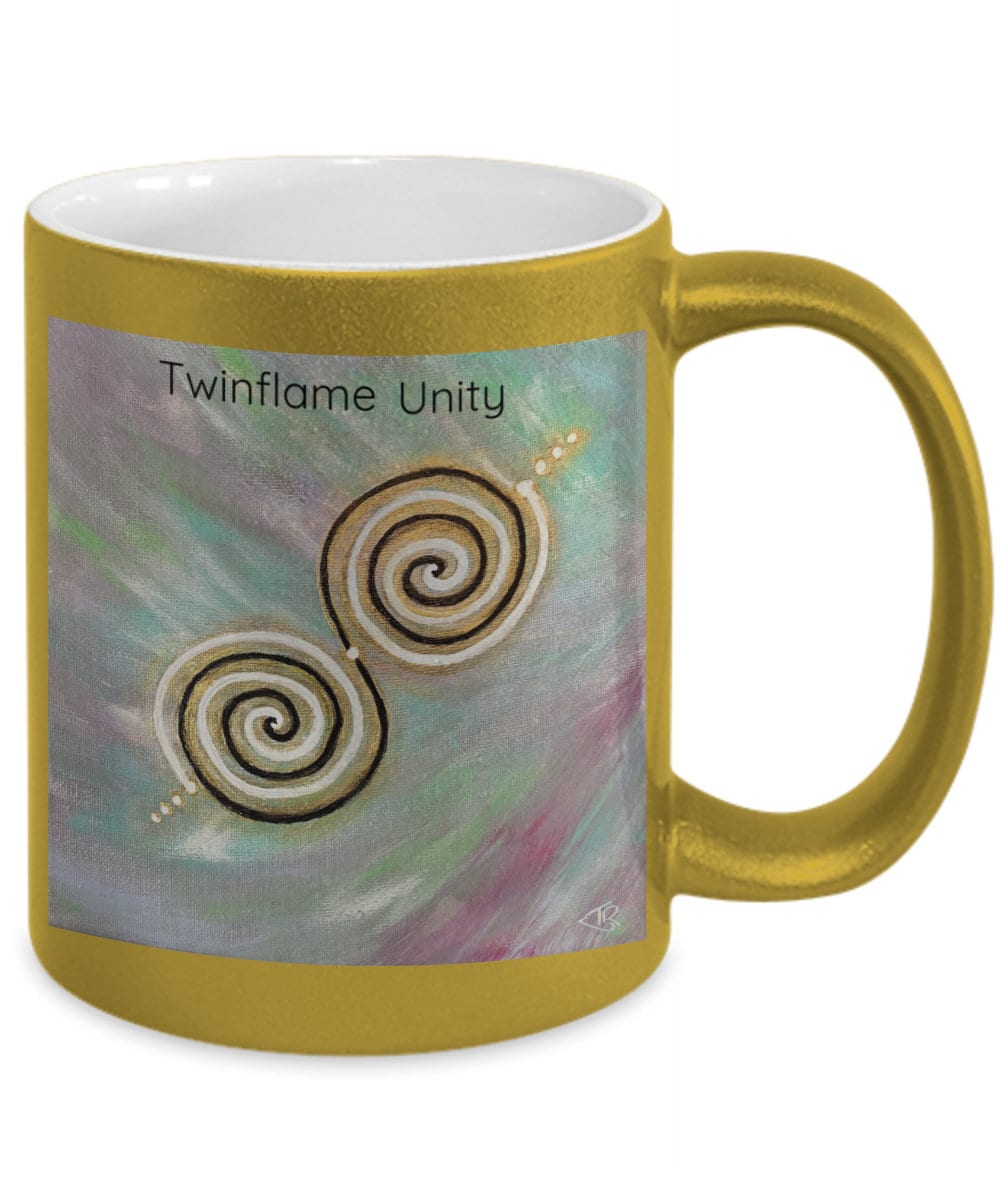 Twinflame unity intention mug, 11oz, metallic silver or gold coating, activated design, light codes