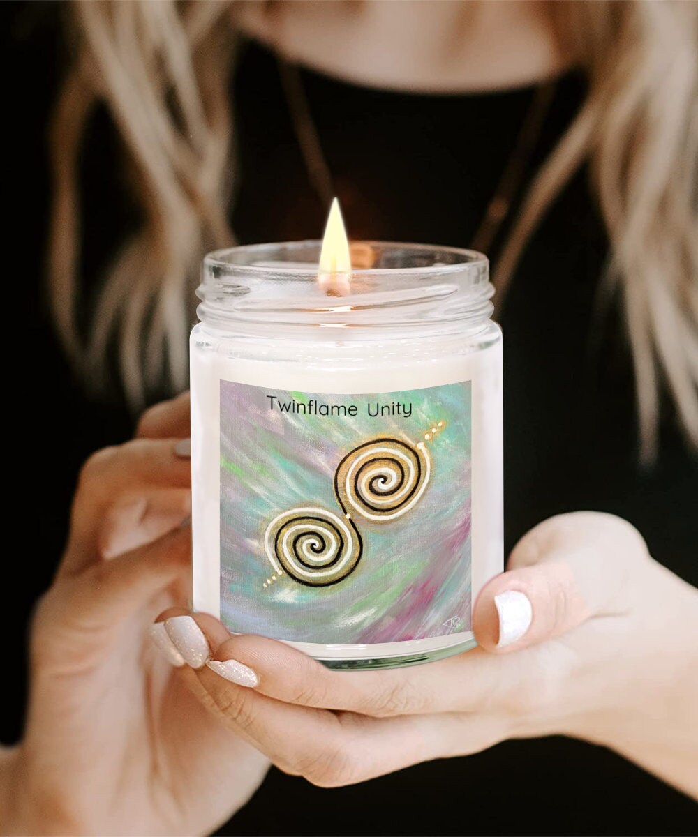 Twinflame unity intention candle, vanilla scented, double spiral geometry, light activated design