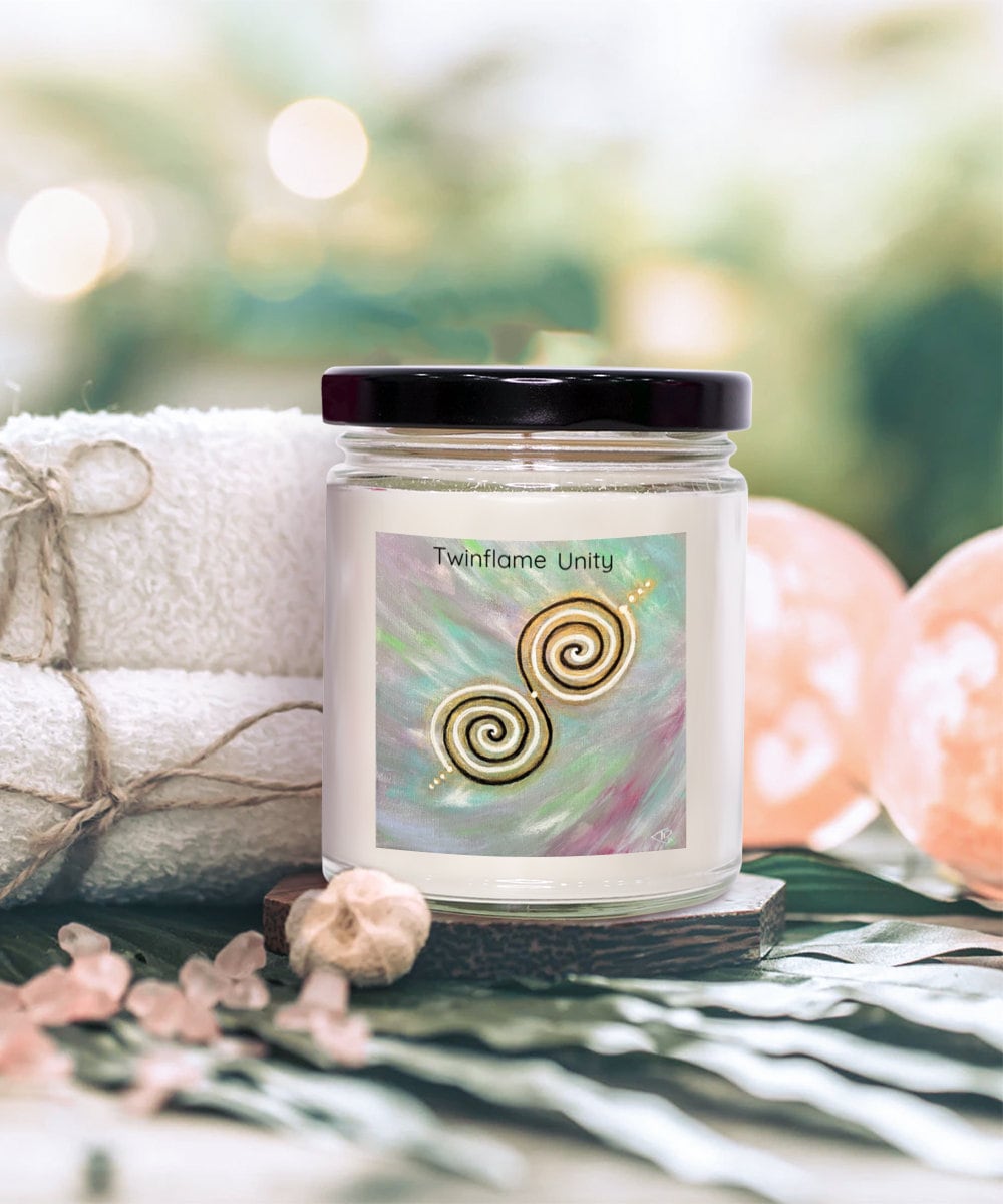 Twinflame unity intention candle, vanilla scented, double spiral geometry, light activated design