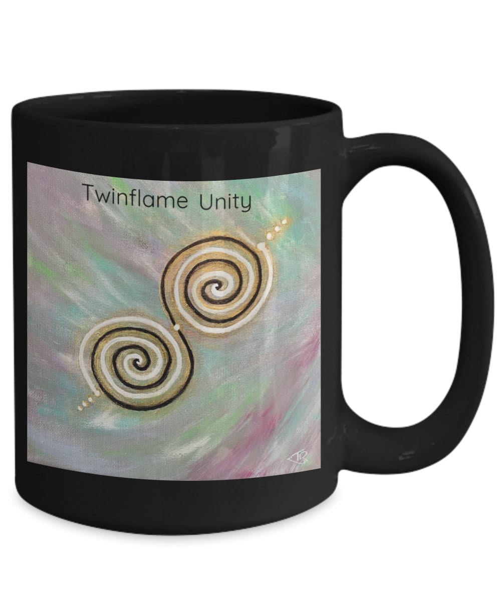 Twinflame unity mug, 11oz or 15oz, double spiral twinflame geometry, activated with light language, intention mug