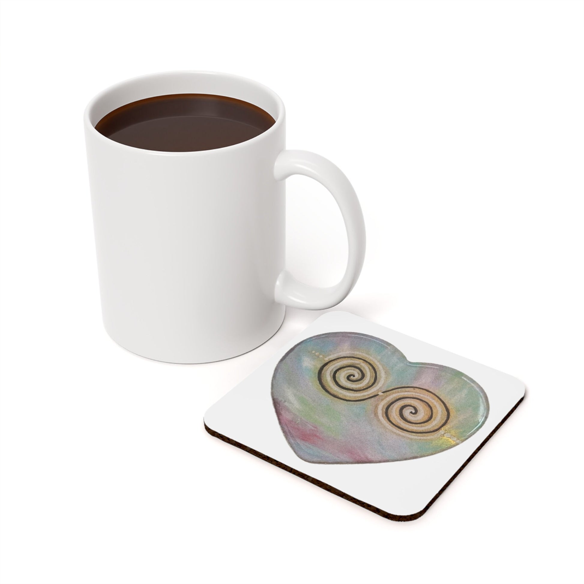 Twinflame Unity corkback coaster, activated double spiral alchemical art design. Single coaster