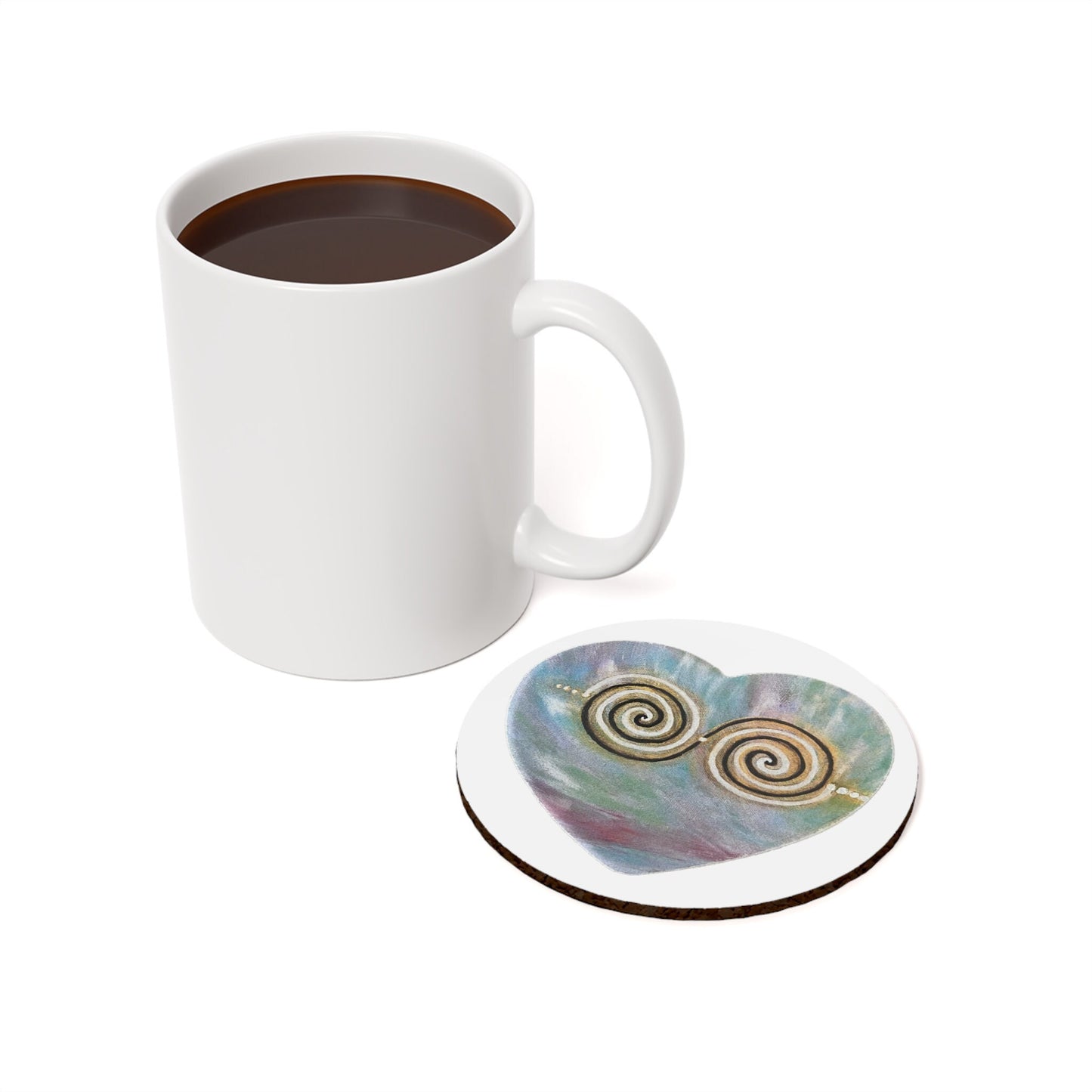 Twinflame Unity corkback coaster, activated double spiral alchemical art design. Single coaster