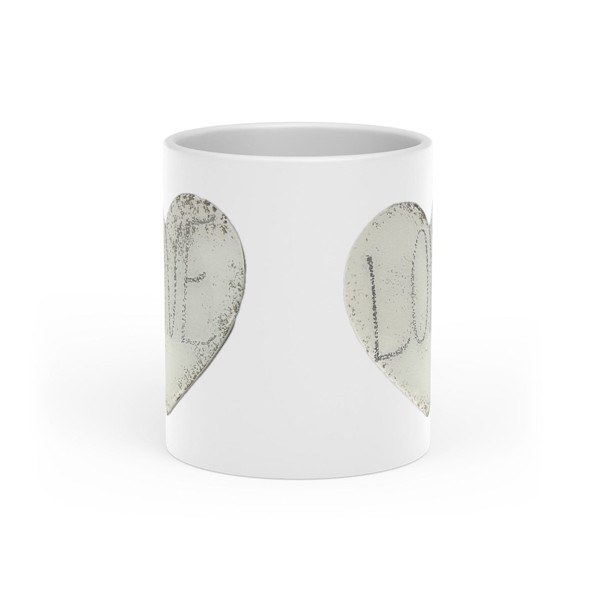 Heart-Shaped Mug with stone look heart shape and the word love, silver, cream and white goes with any mood, gift for all, love infused