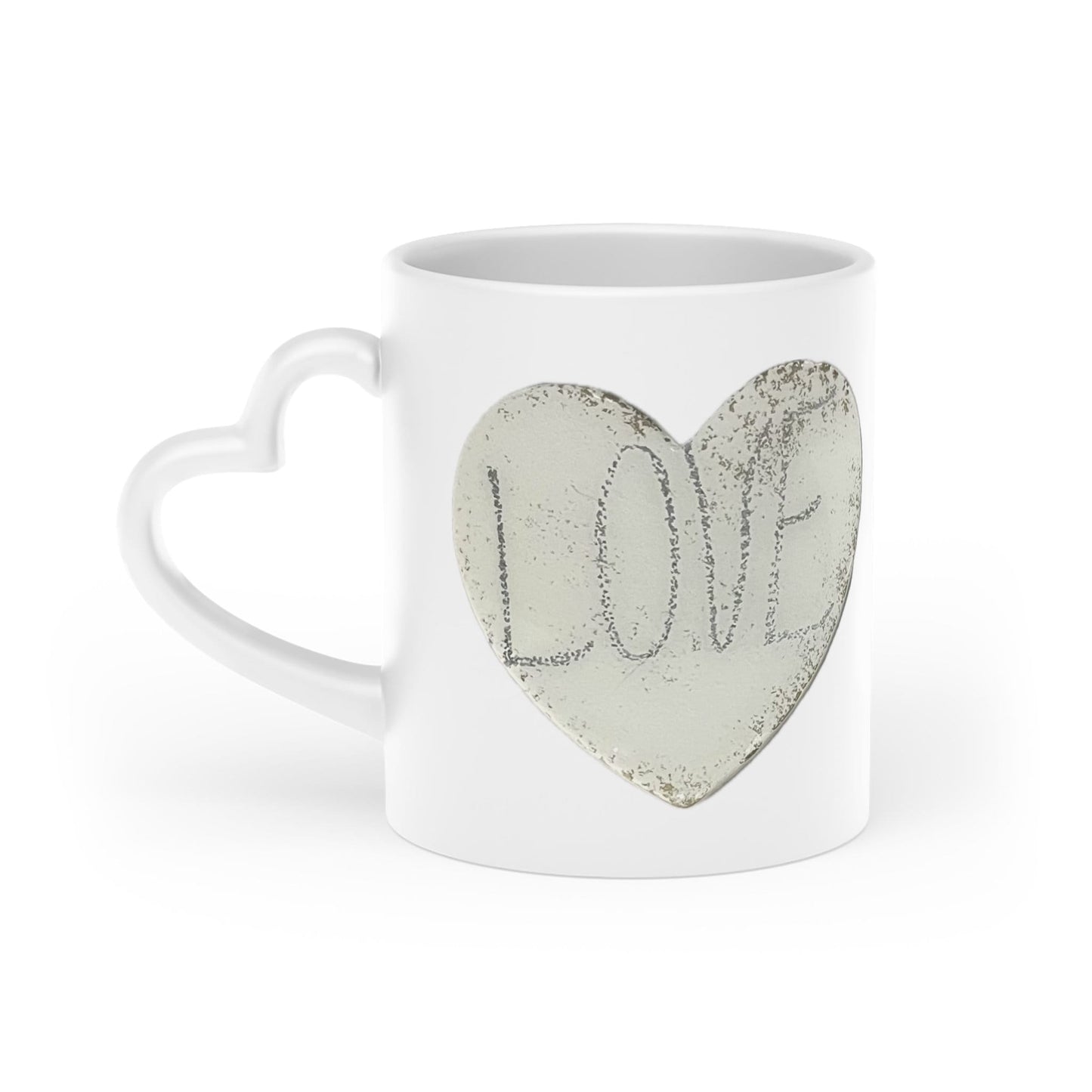 Heart-Shaped Mug with stone look heart shape and the word love, silver, cream and white goes with any mood, gift for all, love infused