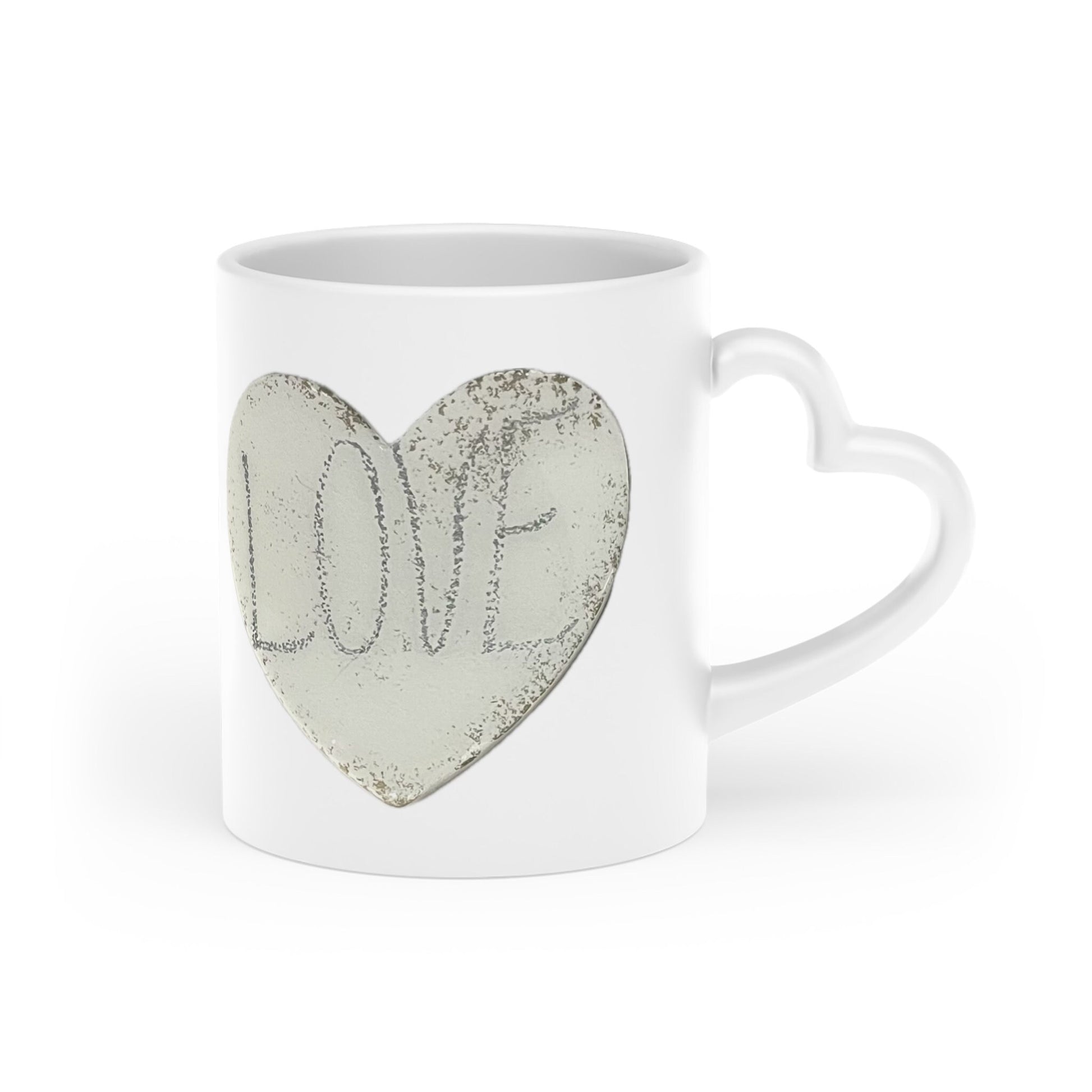 Heart-Shaped Mug with stone look heart shape and the word love, silver, cream and white goes with any mood, gift for all, love infused