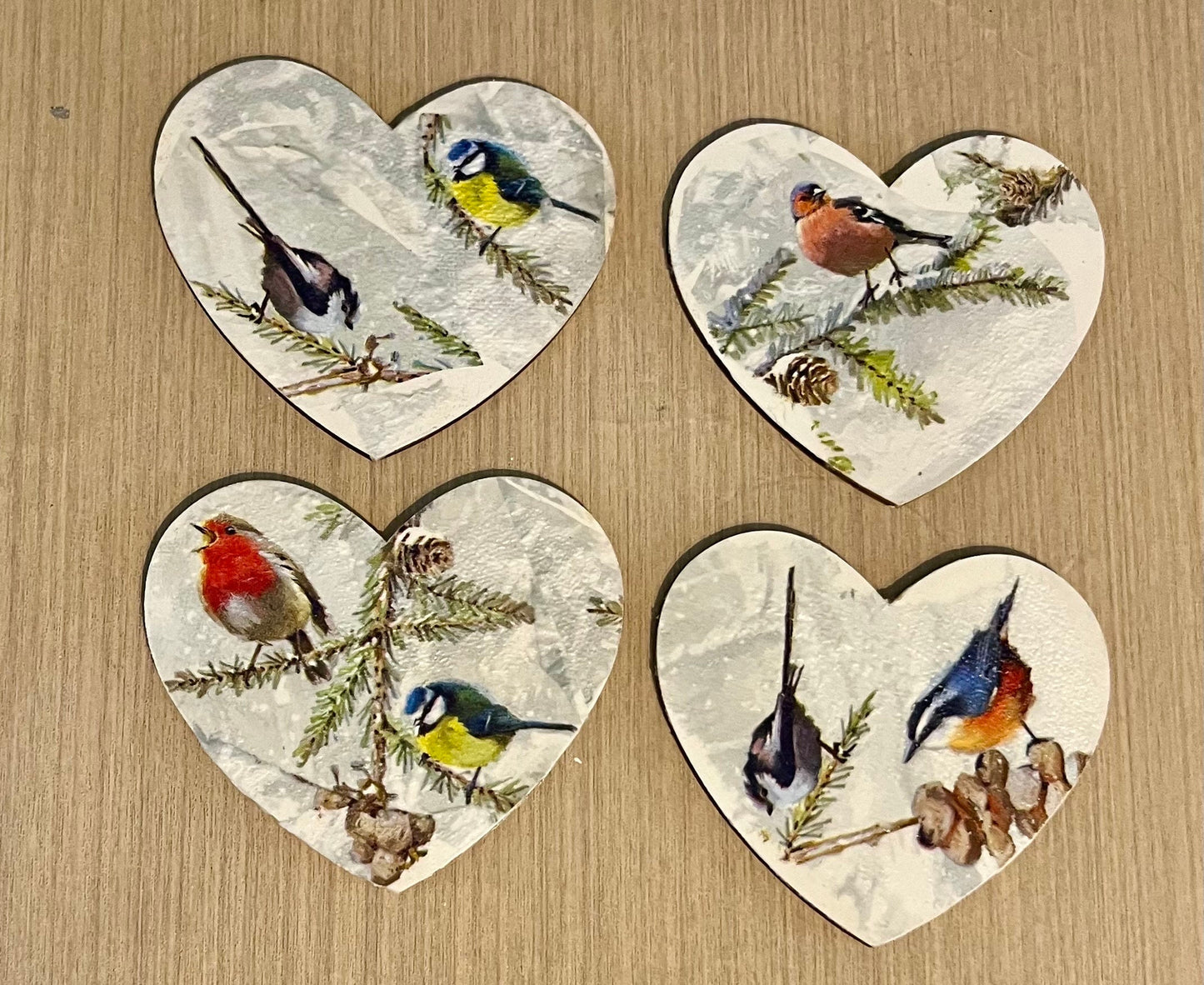 Pretty heart shaped coasters, set 4, robin birds in the snow design, wooden, decoupaged, winter colours