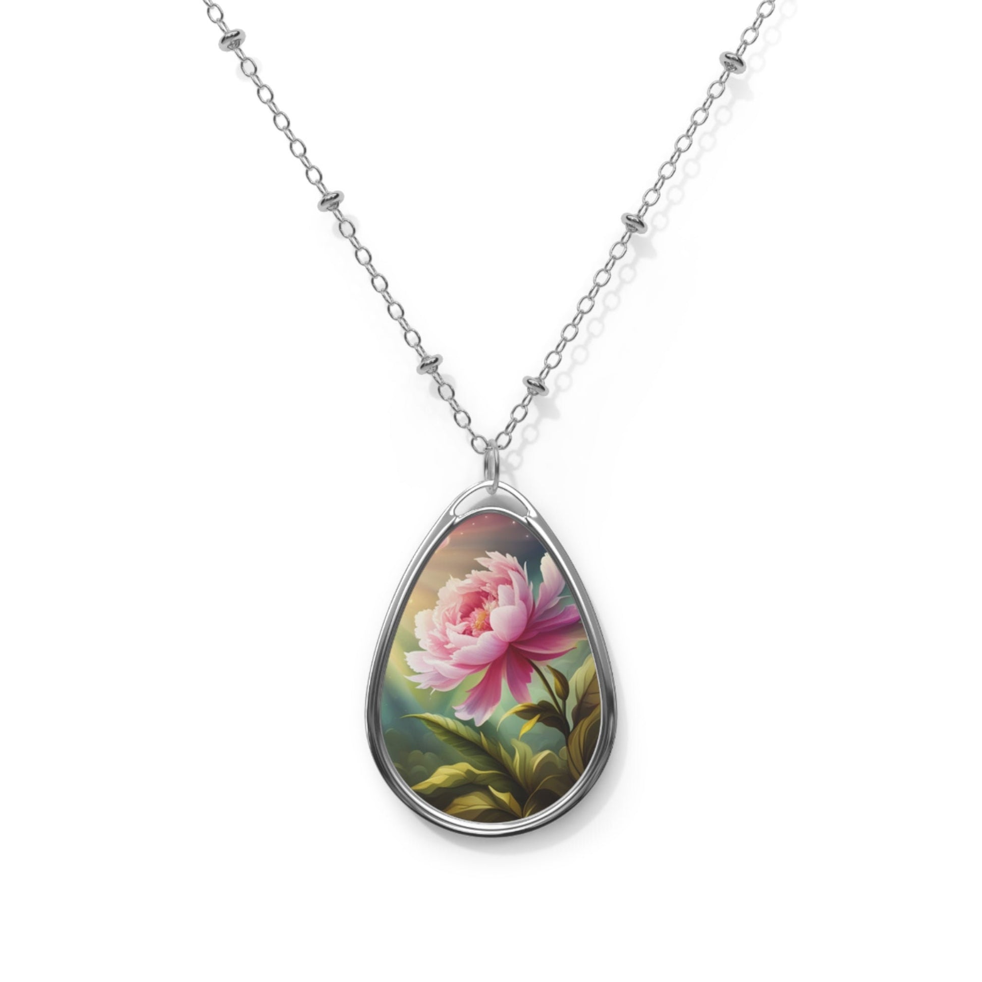 Peony Flower Oval Necklace, gift for her, mom, mum