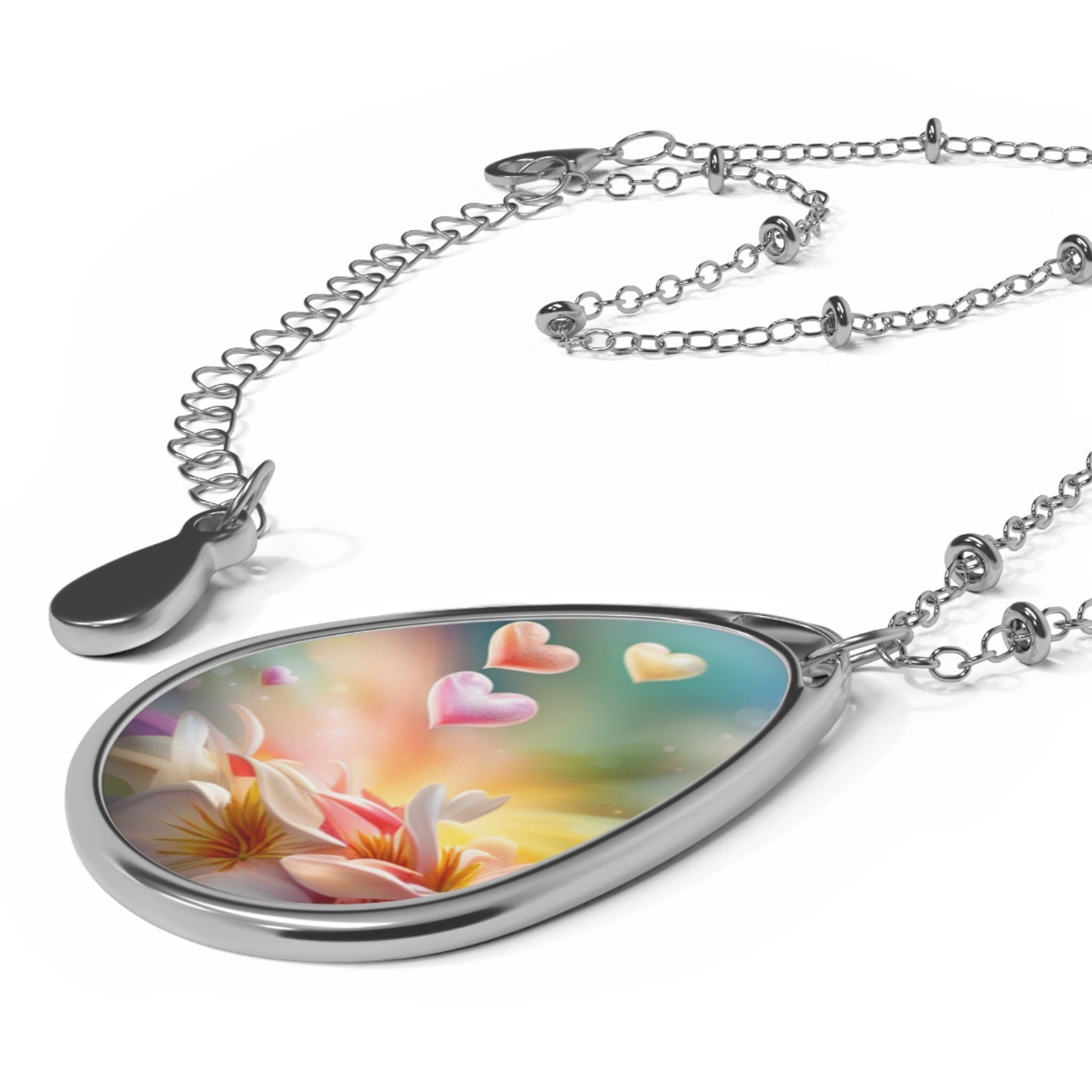 Frangipani and hearts Oval Necklace, gift for her, Aus, UK, US, positive, bright, pastel colors, elegant, soft