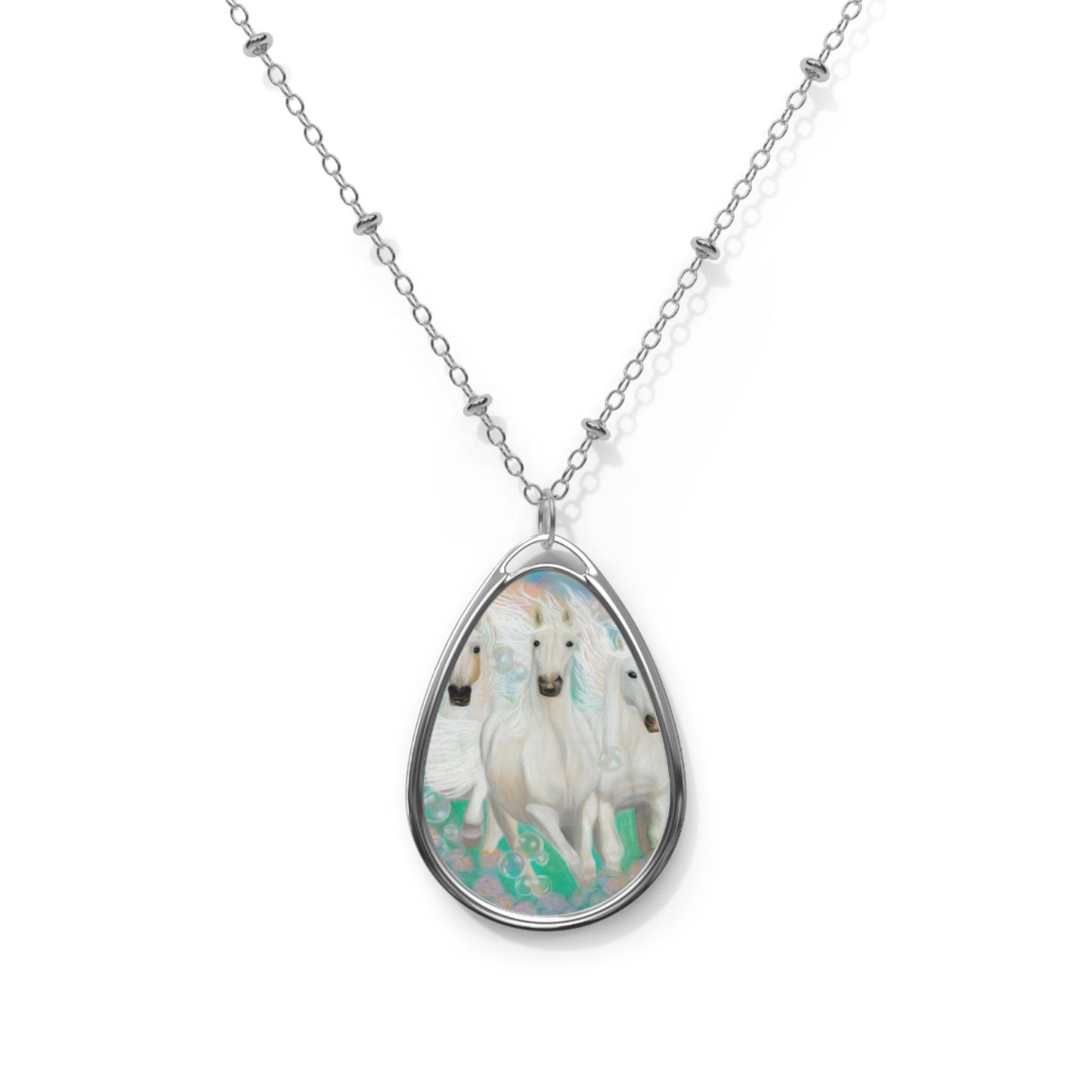 Energised, activated, alchemical art white horses Oval Necklace, gift for horse lover, gift for her, soft, pastel, pink, green, Aus, UK, US