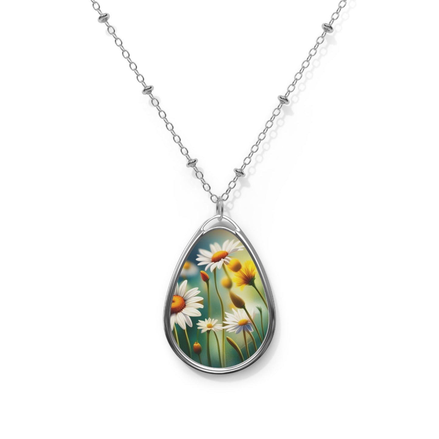 Soft, gentle, daisies Oval Necklace, gift for her, Aus, UK, US, white, green, fresh