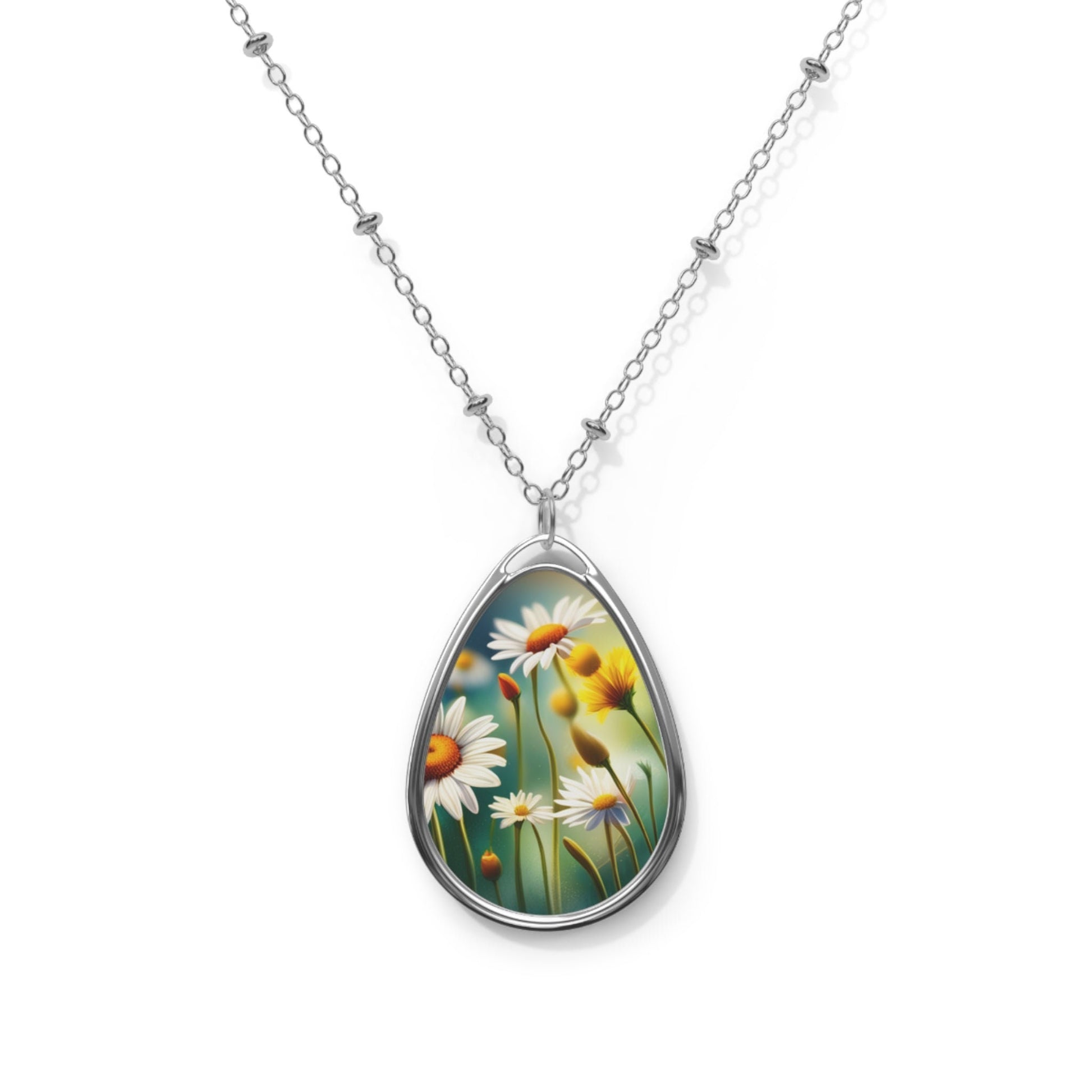 Soft, gentle, daisies Oval Necklace, gift for her, Aus, UK, US, white, green, fresh