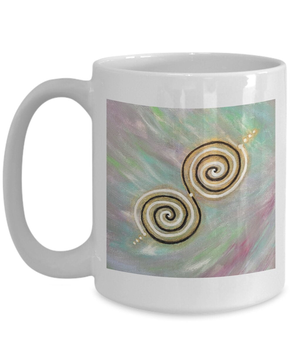 Energy activated twinflame spiral mug, 11oz, 15oz, alchemical art, gift for lover