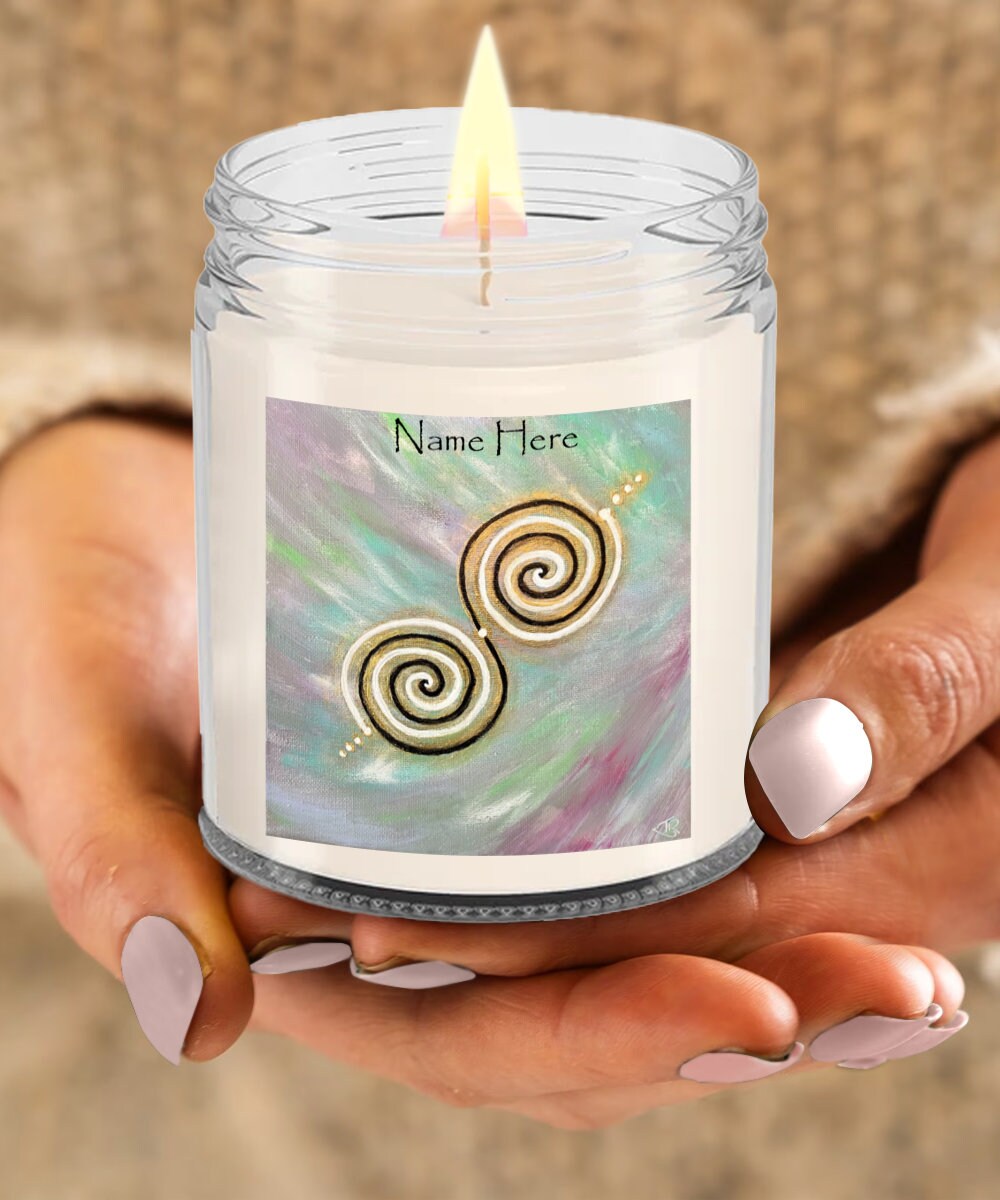 Personalised candle, twinflame spiral geometry, activated alchemical art design, twinflame unity intention, vanilla