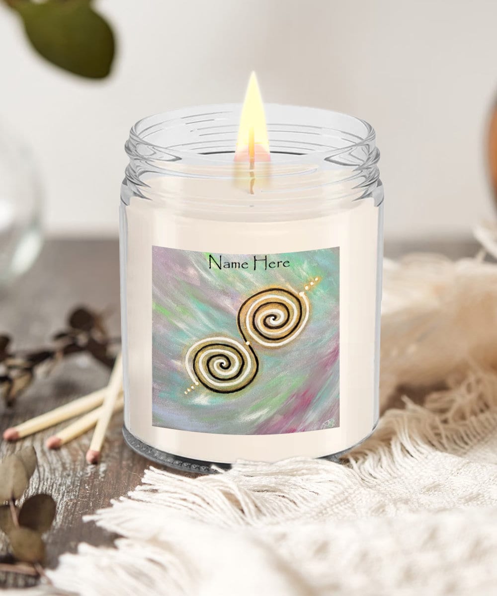 Personalised candle, twinflame spiral geometry, activated alchemical art design, twinflame unity intention, vanilla