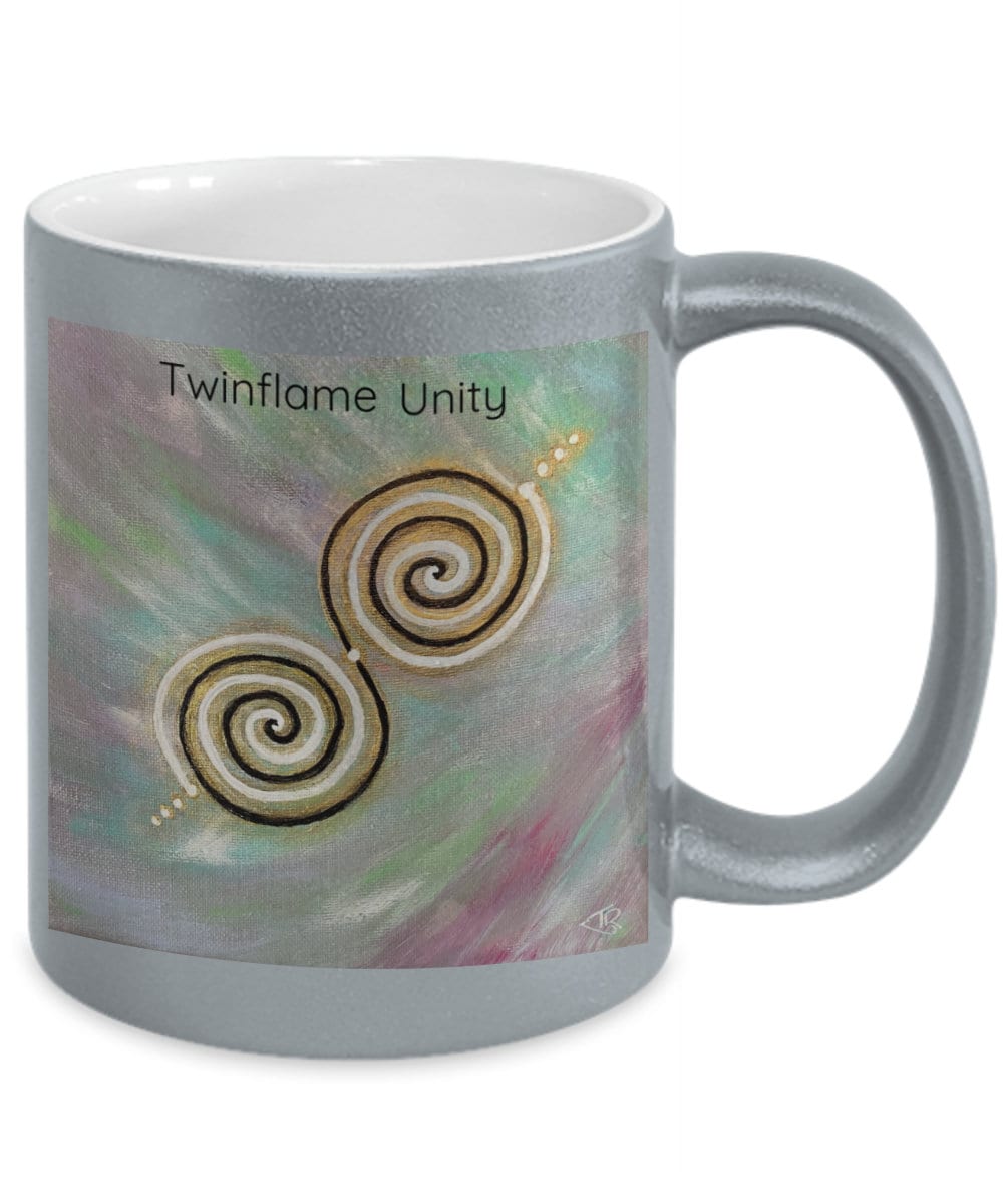 Twinflame unity intention mug, 11oz, metallic silver or gold coating, activated design, light codes