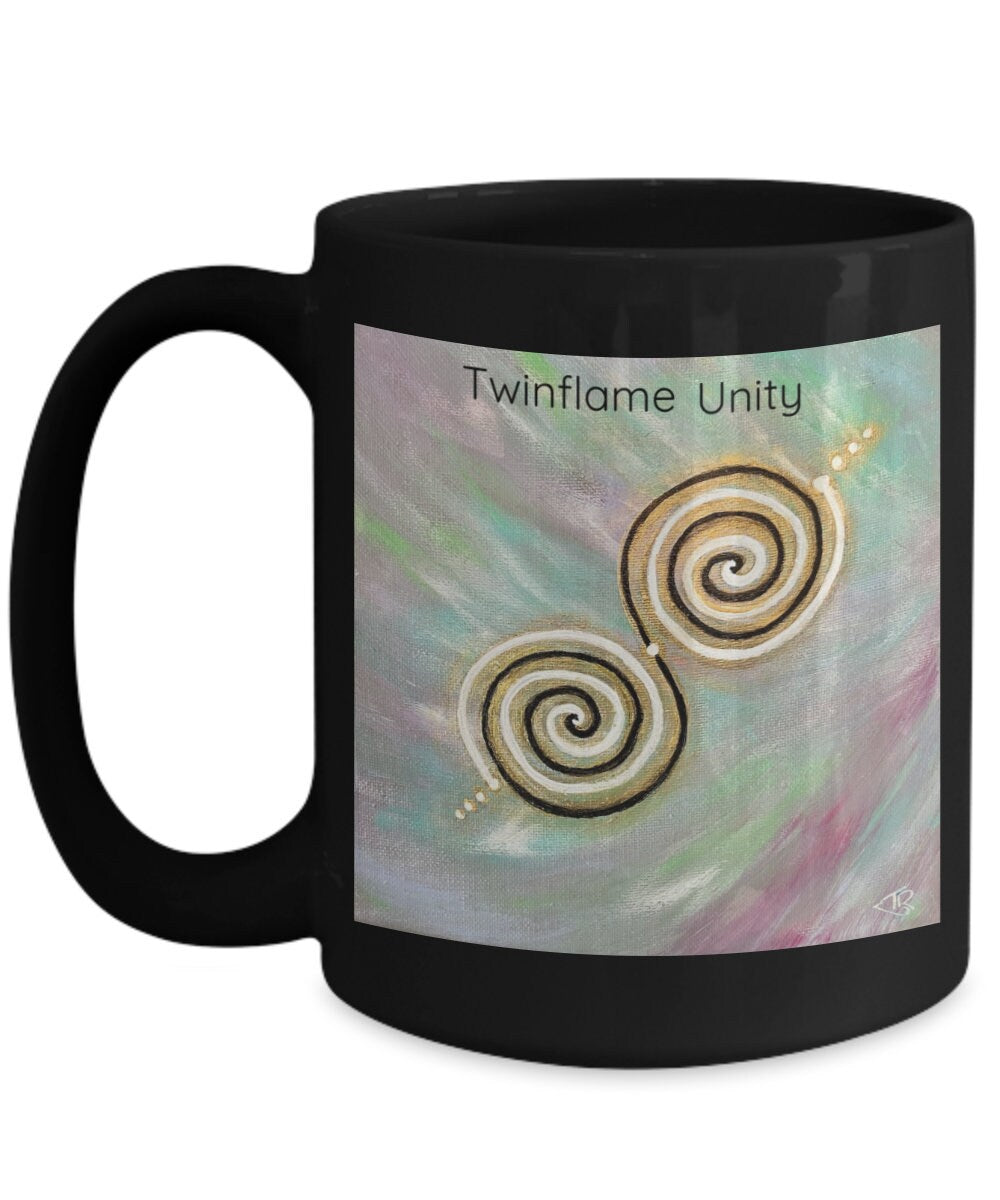 Twinflame unity mug, 11oz or 15oz, double spiral twinflame geometry, activated with light language, intention mug