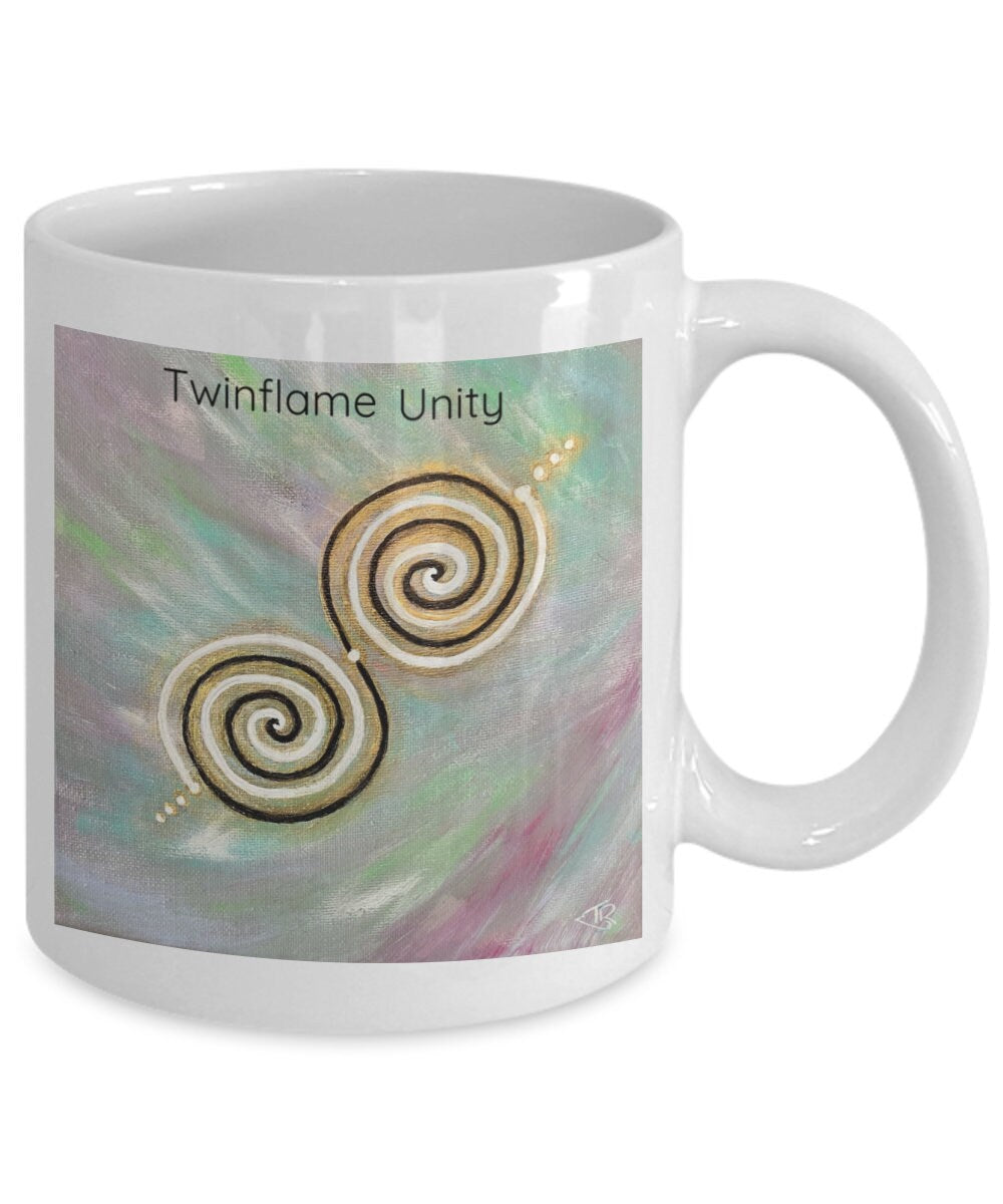 Twinflame unity mug, 11oz or 15oz, double spiral twinflame geometry, activated with light language, intention mug