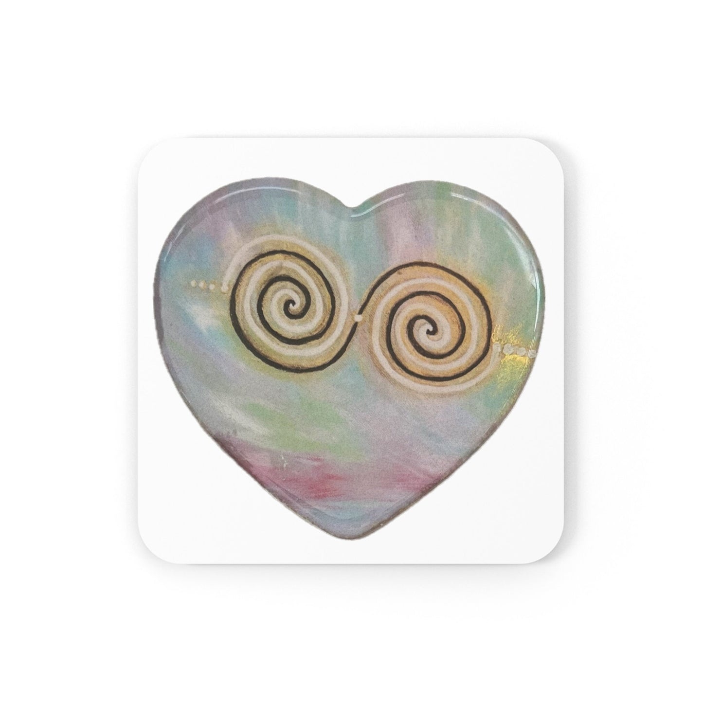 Twinflame Unity corkback coaster, activated double spiral alchemical art design. Single coaster