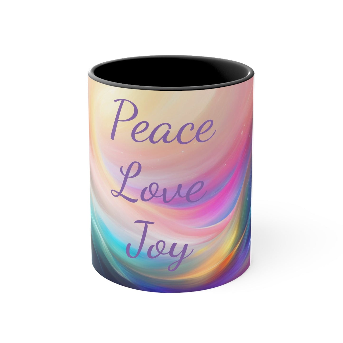 Colorful Affirmation Mug, 11oz, peace, love, joy, I receive high frequency vibration, I embody it and it becomes who I am, Aus