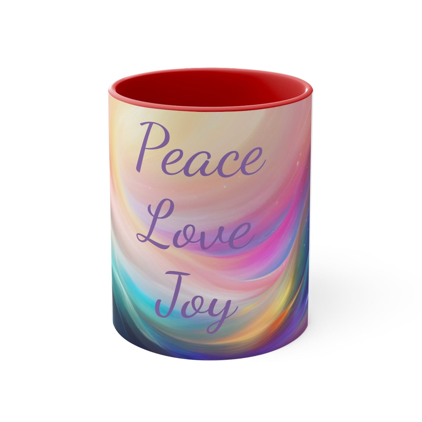 Colorful Affirmation Mug, 11oz, peace, love, joy, I receive high frequency vibration, I embody it and it becomes who I am, Aus