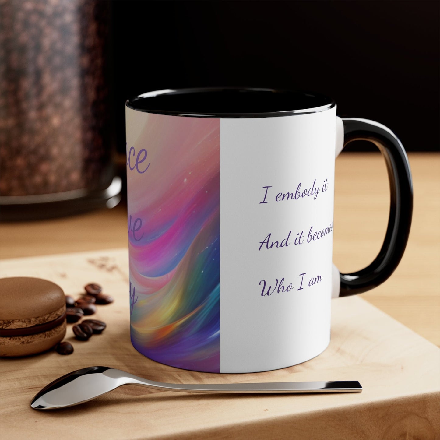 Colorful Affirmation Mug, 11oz, peace, love, joy, I receive high frequency vibration, I embody it and it becomes who I am, Aus