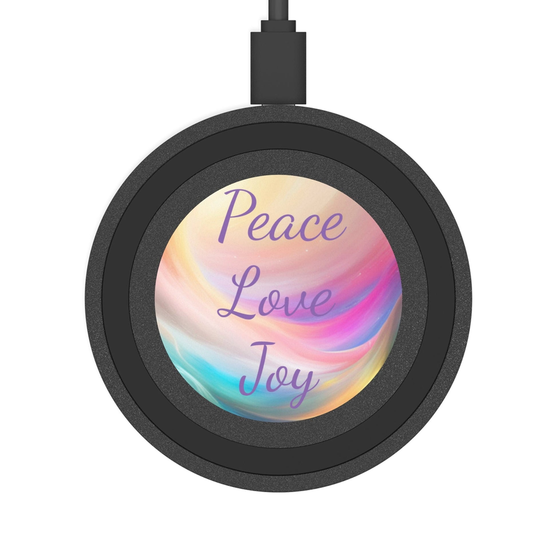 Peace, Love, Joy Wireless Charging Pad, charge your phone with positive intention, USA, iphones and android, USB cable