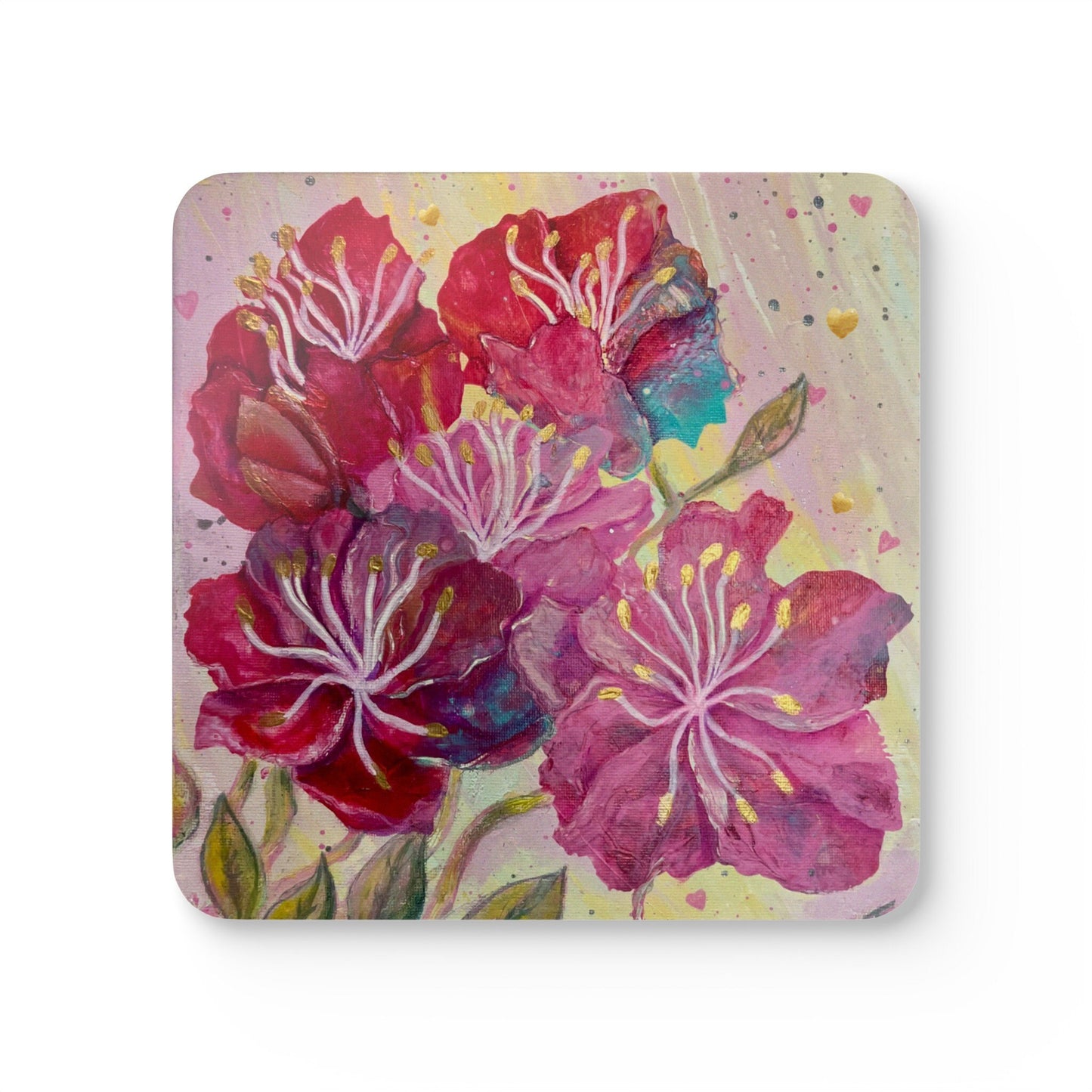 Energised Coaster Set of 4, pink, red, gold flowers, inspired by archangel ariel, alchemical art