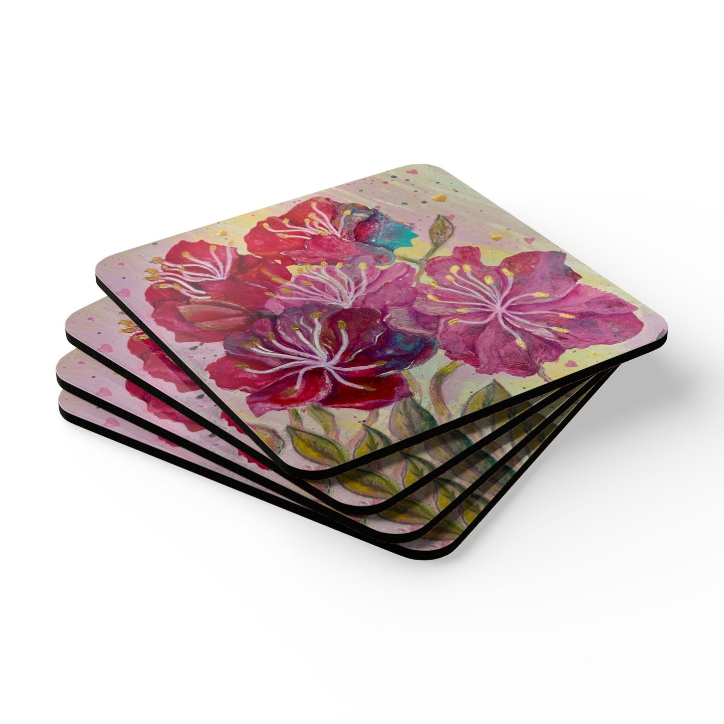 Energised Coaster Set of 4, pink, red, gold flowers, inspired by archangel ariel, alchemical art