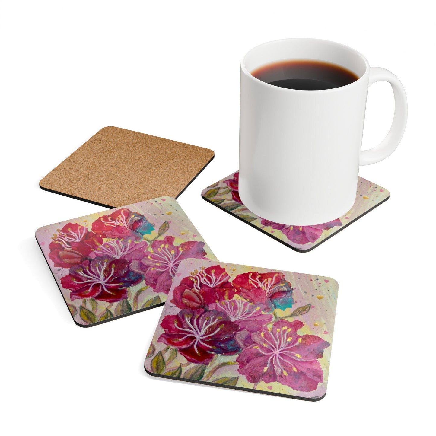 Energised Coaster Set of 4, pink, red, gold flowers, inspired by archangel ariel, alchemical art