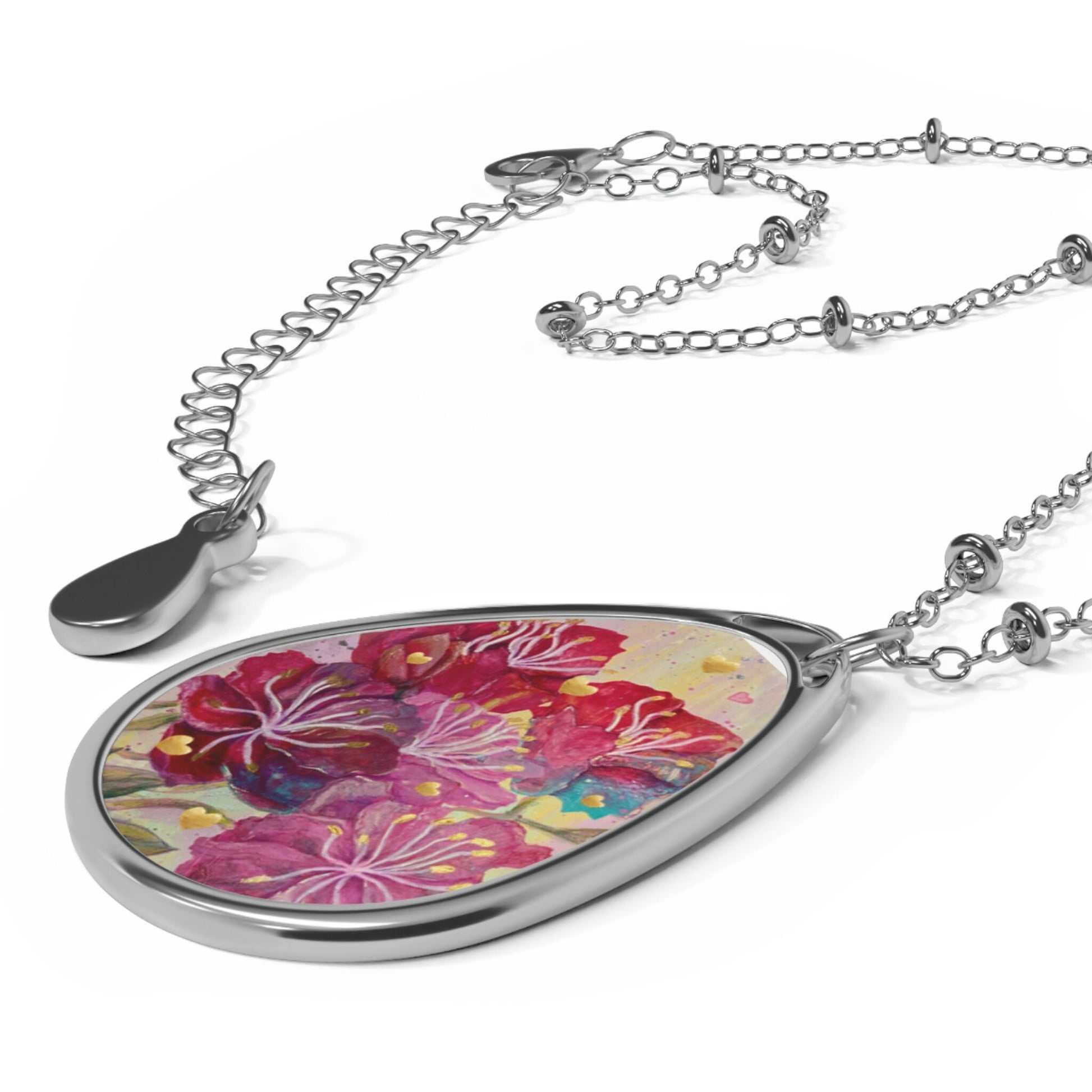 Energised alchemical art Oval Necklace, pink, red, gold flowers and hearts, inspired by archangel ariel