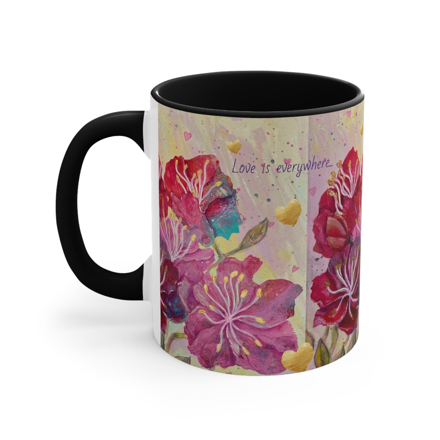 Colorful energised Mugs, 11oz, choice of colours, alchemical art, pink, red, gold flowers and hearts, inspired by archangel ariel