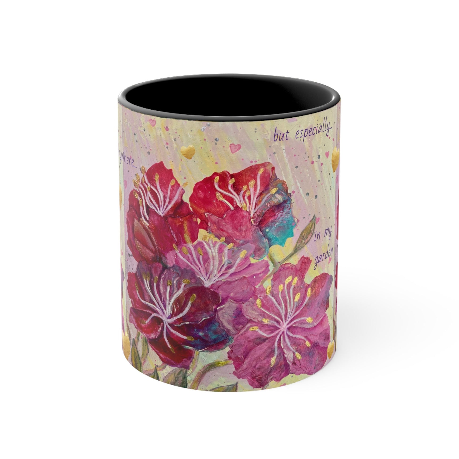 Colorful energised Mugs, 11oz, choice of colours, alchemical art, pink, red, gold flowers and hearts, inspired by archangel ariel