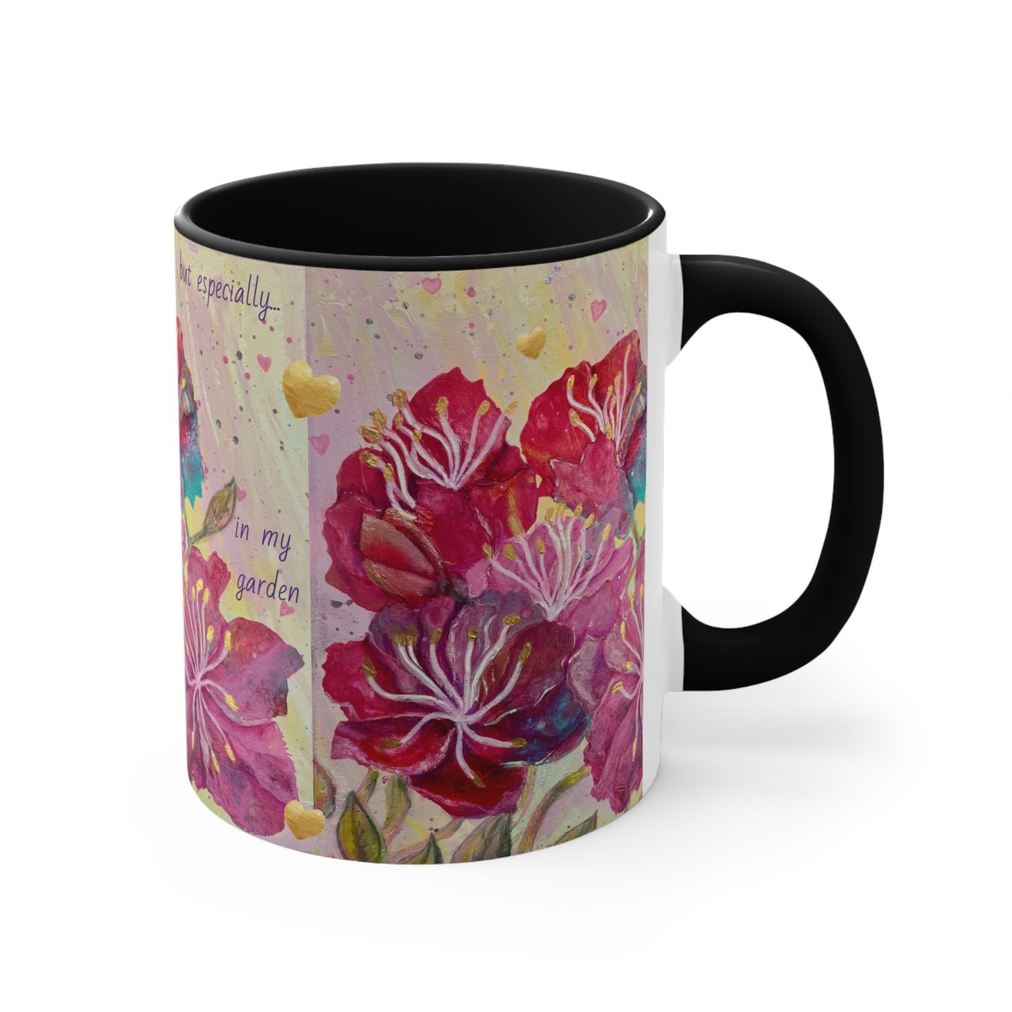 Colorful energised Mugs, 11oz, choice of colours, alchemical art, pink, red, gold flowers and hearts, inspired by archangel ariel