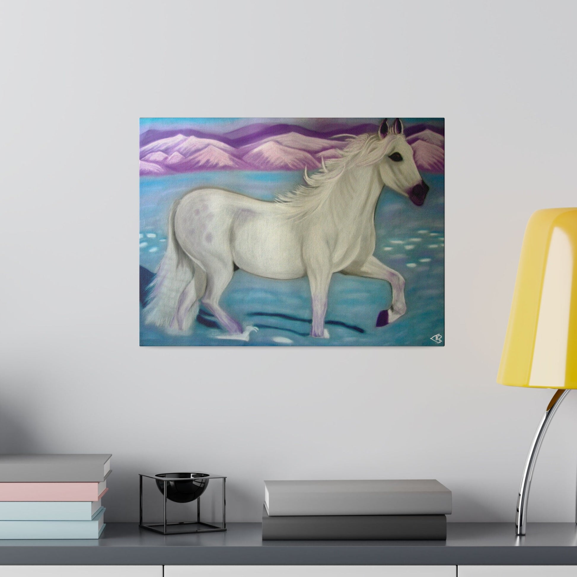 Alchemical art Serenty Canvas Print, Stretched, white horse in snow for harmonsising sensitive souls with environment, Ship from:Aus, US, UK