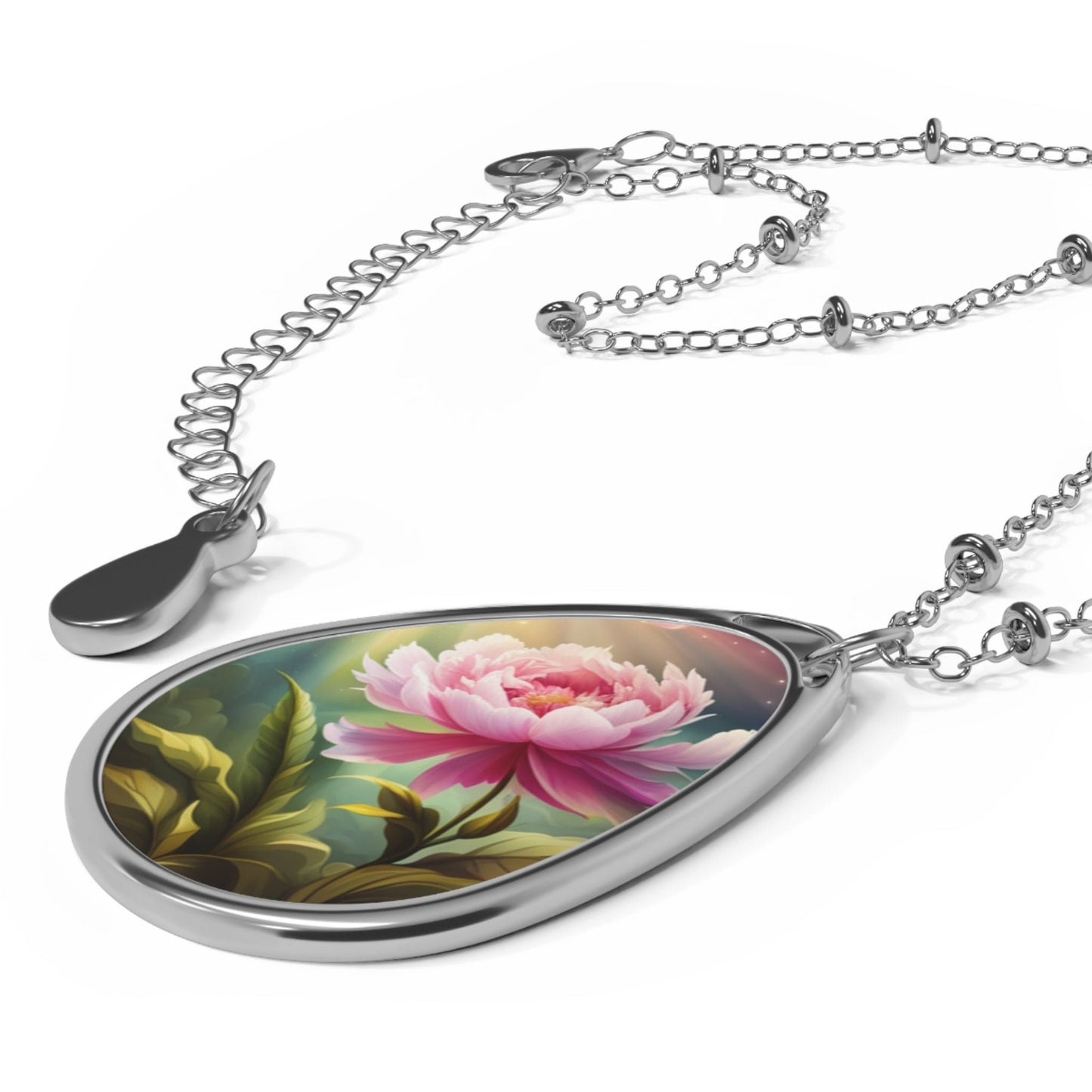 Peony Flower Oval Necklace, gift for her, mom, mum