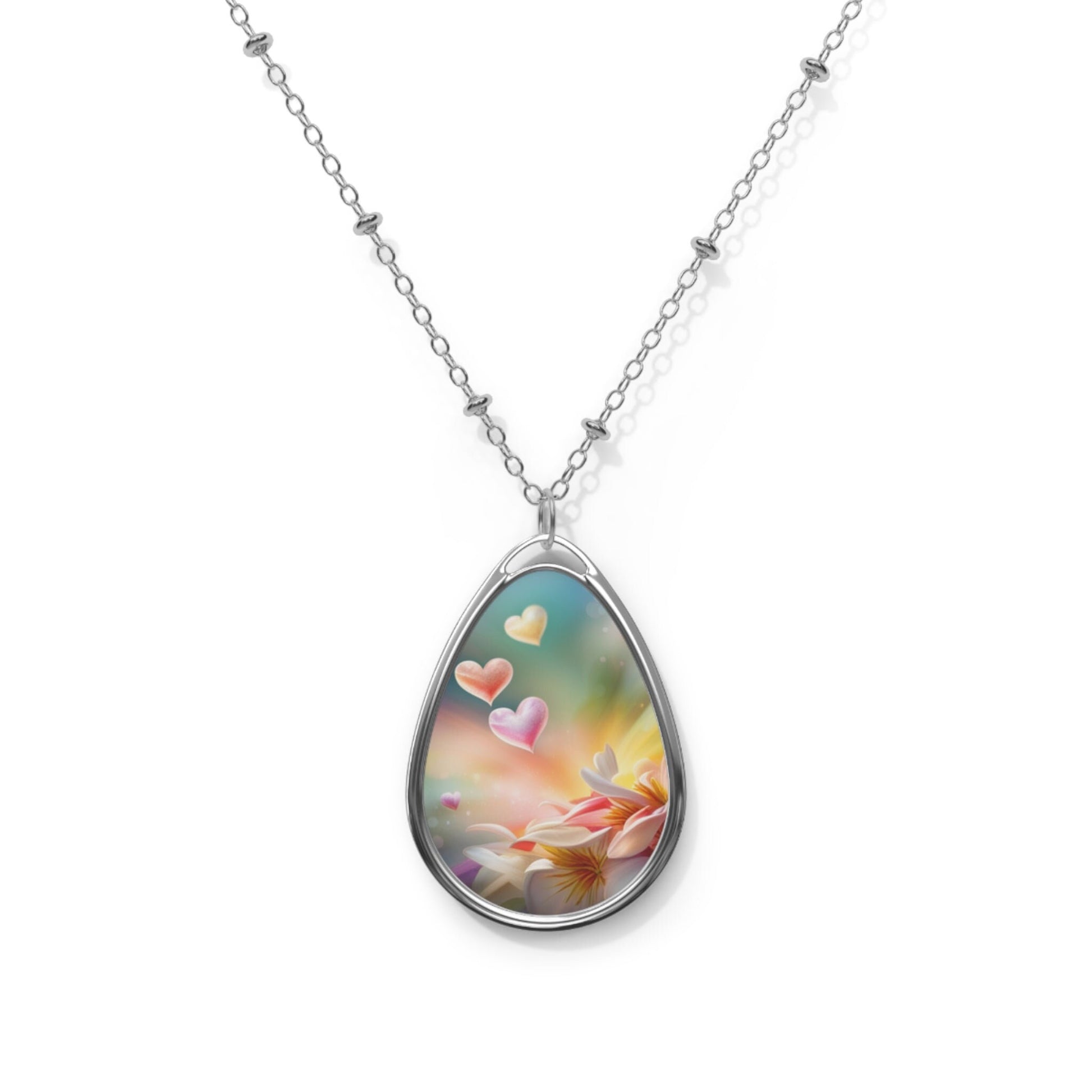 Frangipani and hearts Oval Necklace, gift for her, Aus, UK, US, positive, bright, pastel colors, elegant, soft