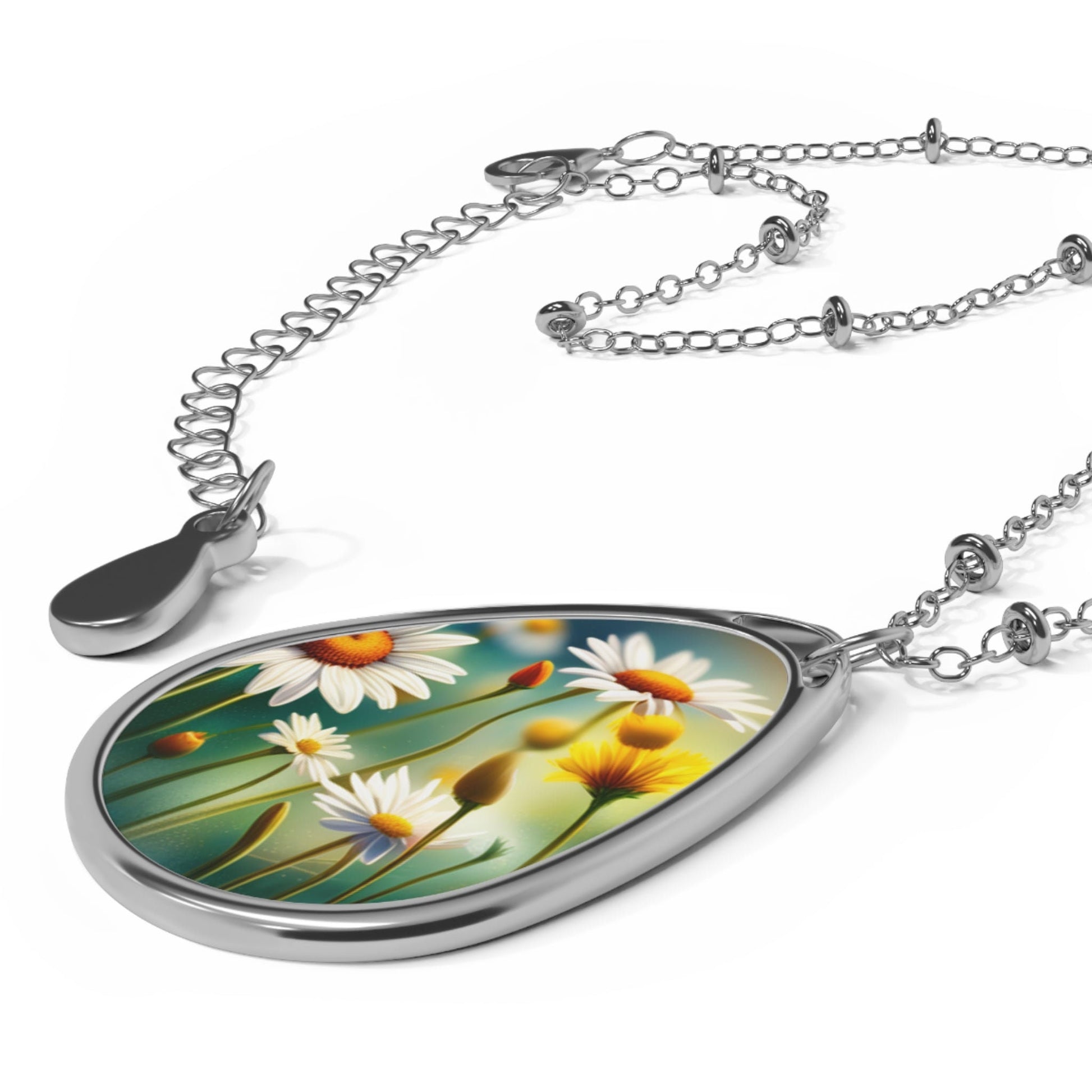 Soft, gentle, daisies Oval Necklace, gift for her, Aus, UK, US, white, green, fresh