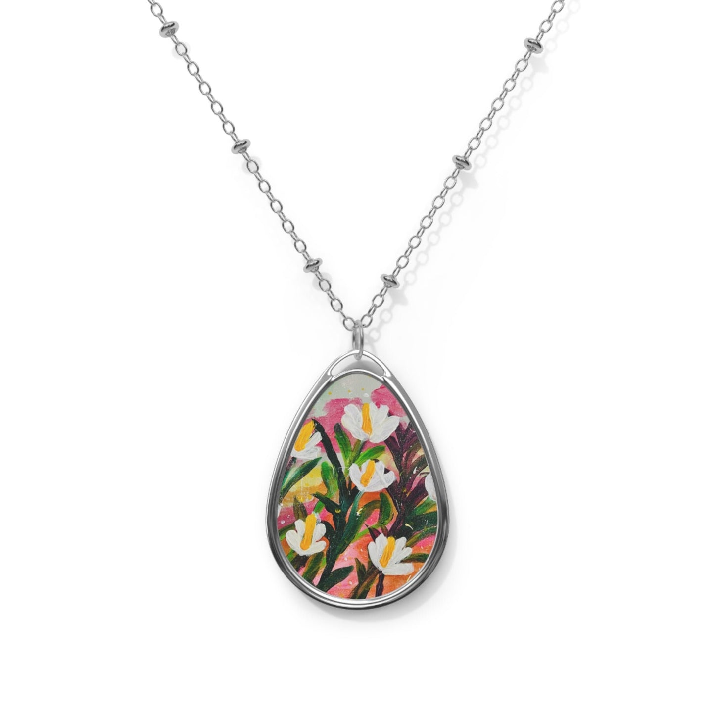 floral art Oval Necklace, white lilies on orange, purple, green foliage, for her, Aus, UK, US