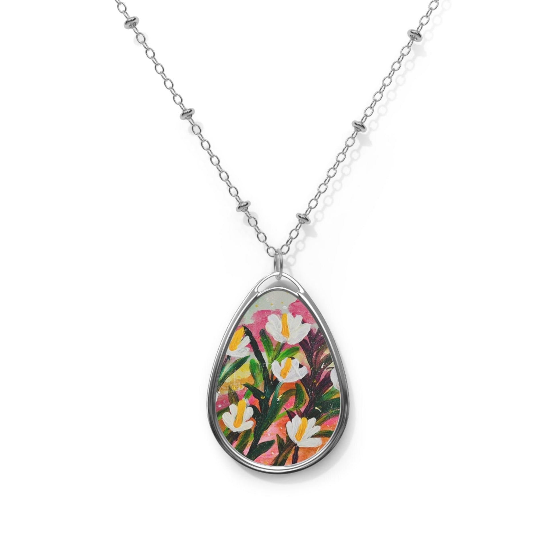 floral art Oval Necklace, white lilies on orange, purple, green foliage, for her, Aus, UK, US