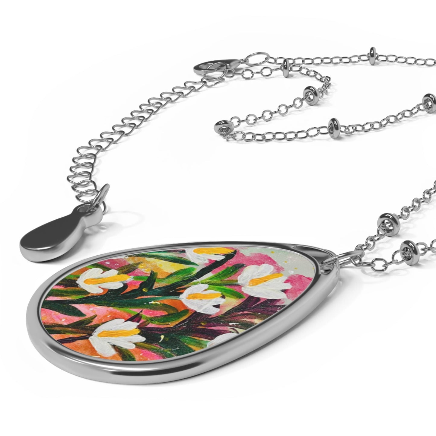 floral art Oval Necklace, white lilies on orange, purple, green foliage, for her, Aus, UK, US